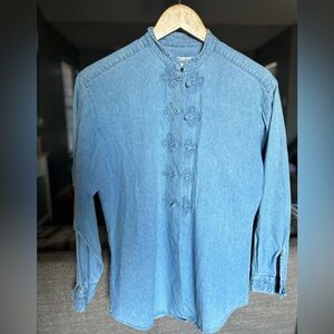 Brooks Brothers Denim Long Sleeve Blouse Button Cuff Banded Small Collar - S